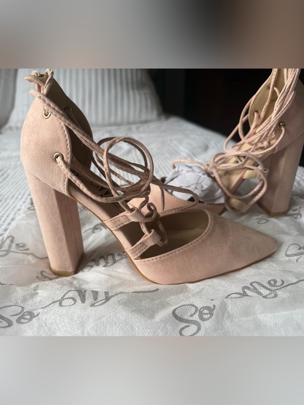 So Me Blush Lace-Up Block 4 Inch Heels